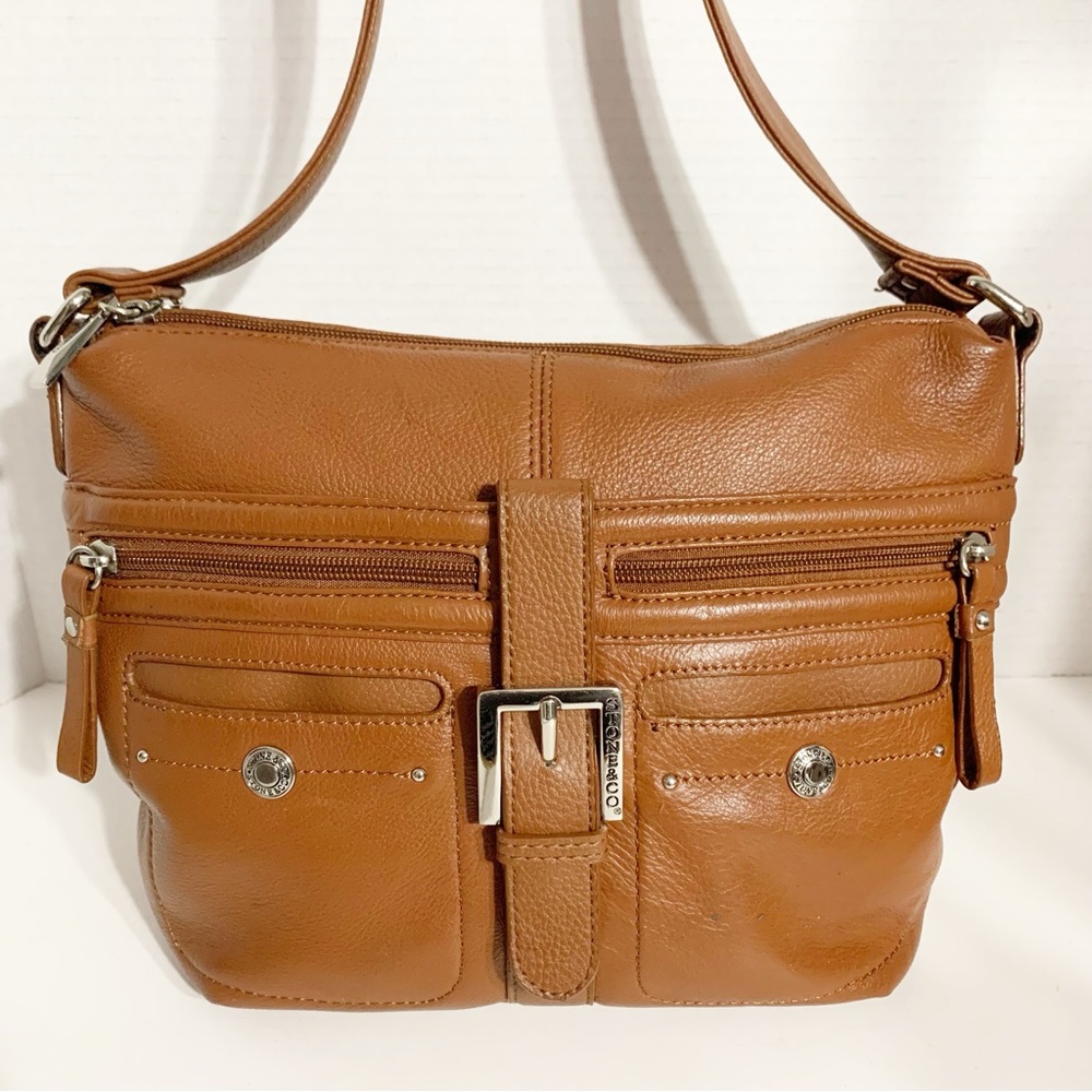 Stone and Co. Brown Leather Crossbody Shoulder Bag Fully Lined in Blue Pockets - Picture 2 of 16